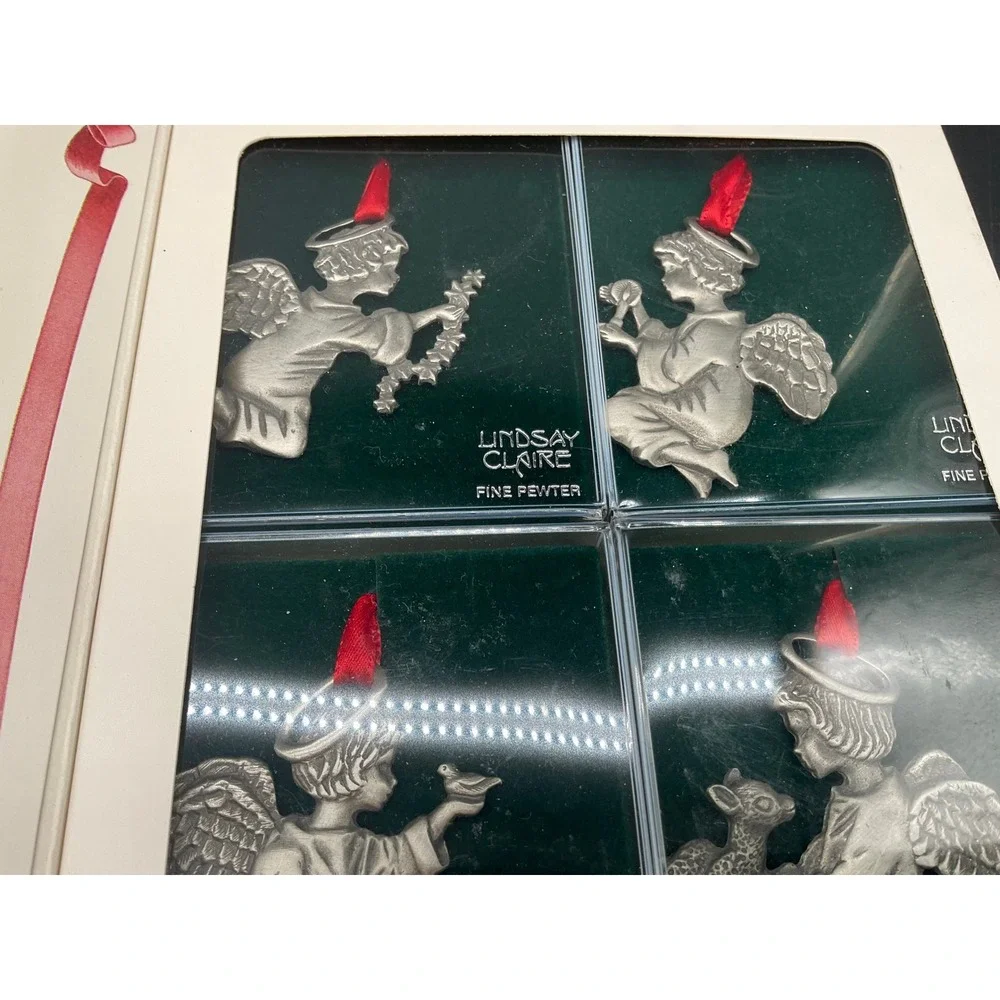 Vintage Pewter Angel Christmas Ornament Set Lindsay Claire Littlest Angels Boxed